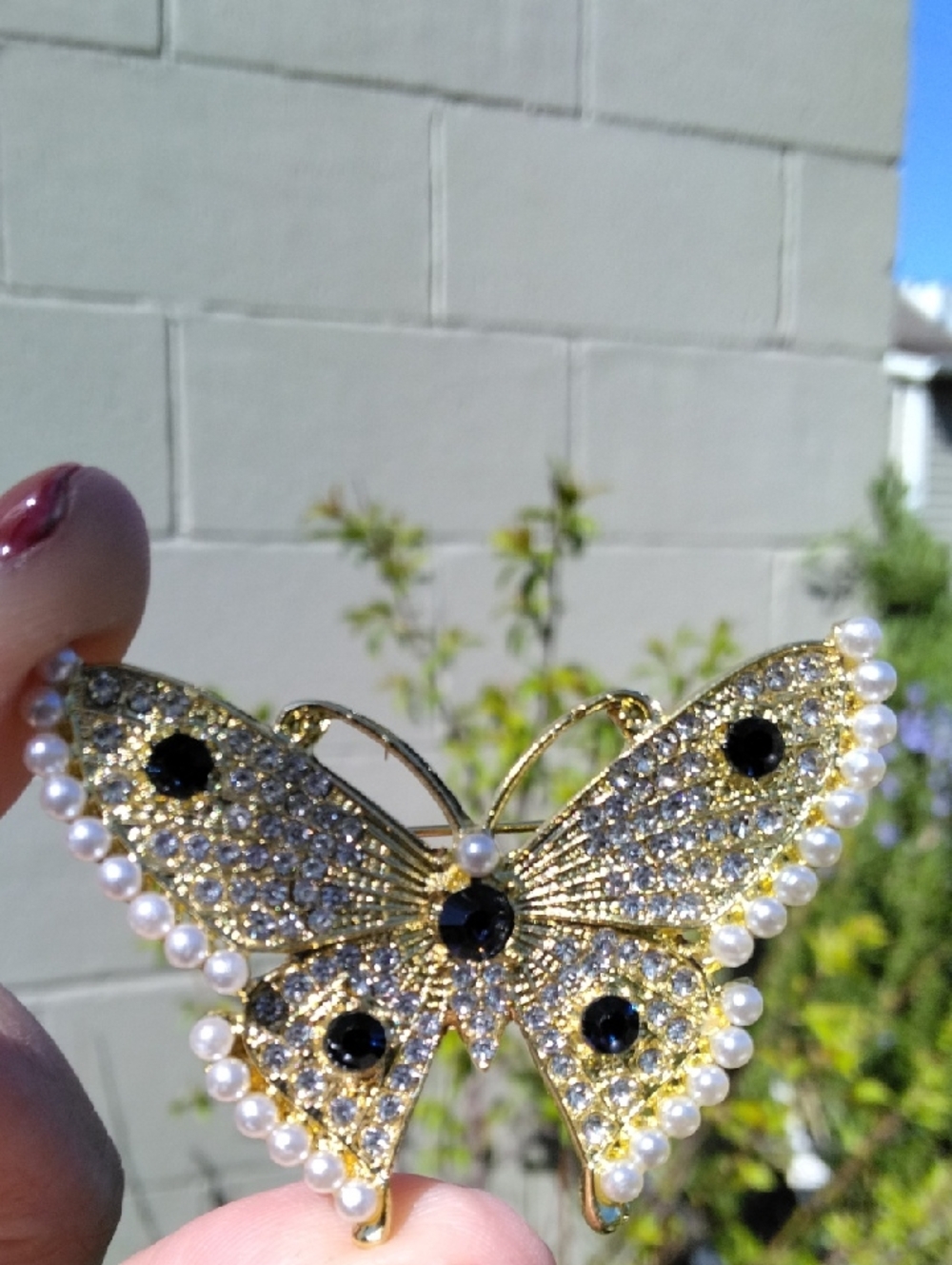 Gold Butterfly Brooch with Faux Pearls and Black Crystal Accents